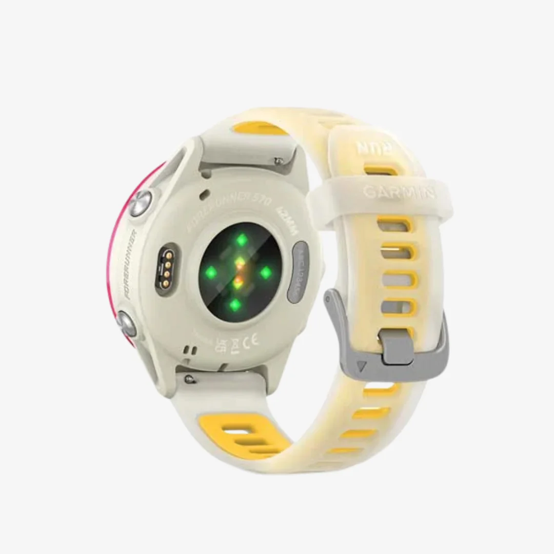 Forerunner® 570 - 42mm - Raspberry Aluminium with Translucent Bone/Mango Band - Image 5